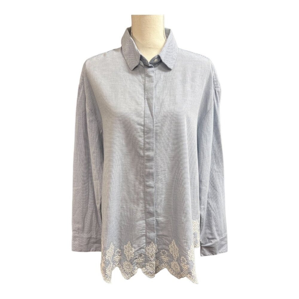 H&M Top Blue Striped Eyelet Trim‎ Button Down Shirt Size 14 Coastal Grandma